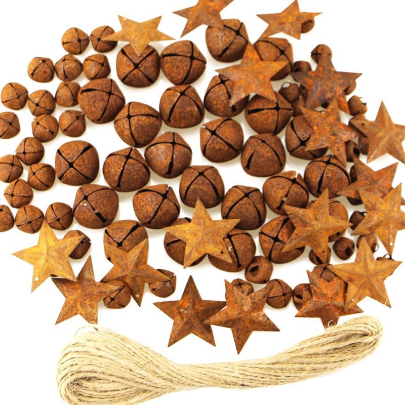 vibnumom Rusty Metal Jingle Bells Kit Supplies Includes 75 Mixed Size Vintage Rusty Bells 20 Rustic Metal Star and Jute Rope Ribbon for Primitive Crafts Christmas Wreath Holiday Home Decoration (Pack of 95) - Image 1